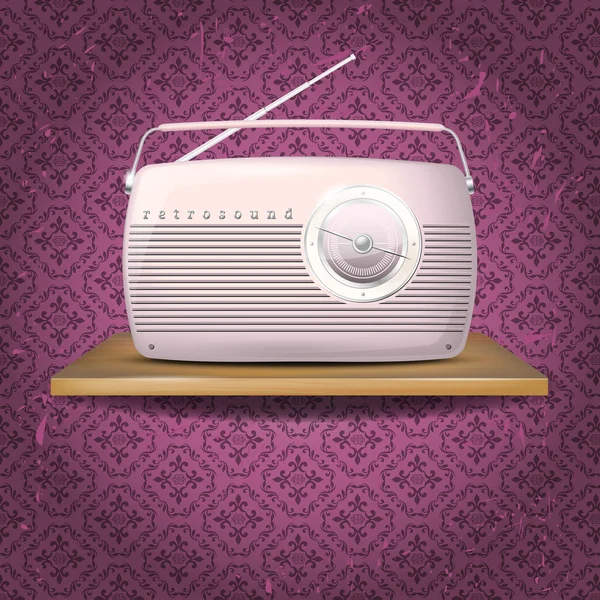 Rádio vintage rosa na prateleira de madeira — Stockvector