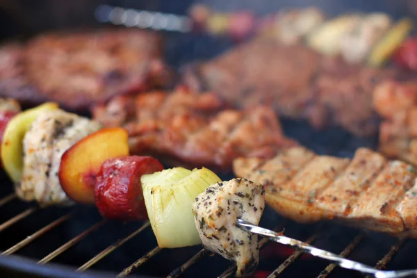 Viande et brochettes sur le gril — Photo