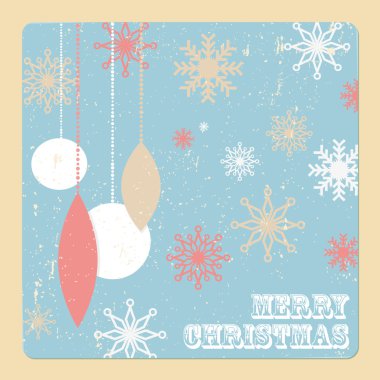 Retro Noel kartı Noel topları ve kar taneleri