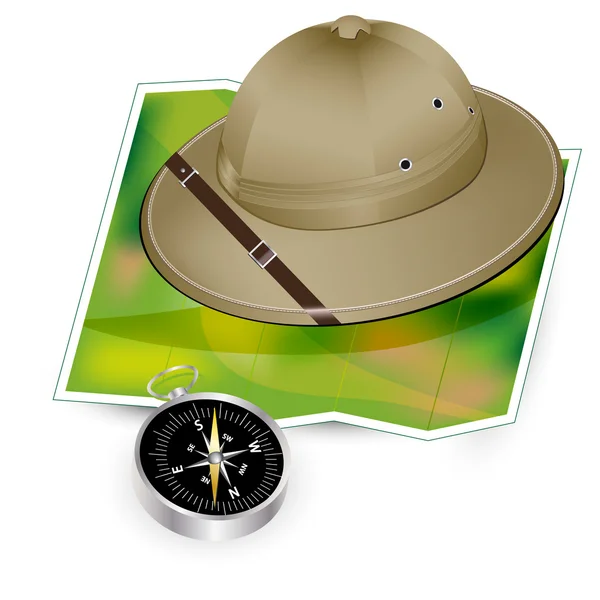 Safari şapka, harita ve pusula - seyahat etmek simge — Stok Vektör