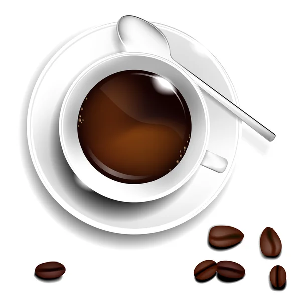 Xícara de café, colher e grãos de café — Vetor de Stock