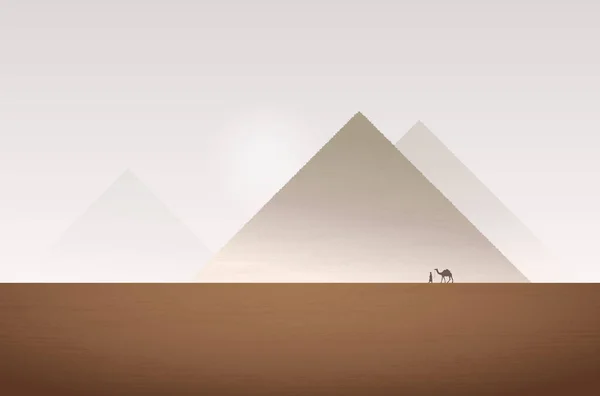 Ilustración Abstracta Desierto Pirámides Neblina Silueta Del Hombre Con Camello — Vector de stock