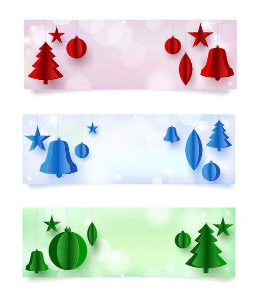 Conjunto Tres Tarjetas Navideñas Con Bolas Navidad Abstractas Brillos Sombras — Vector de stock