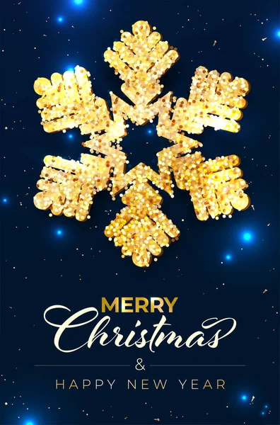 メリークリスマスとハッピーニューイヤーブルーカード抽象的な光沢のある黄金の雪の結晶と ベクトル図 — ストックベクタ