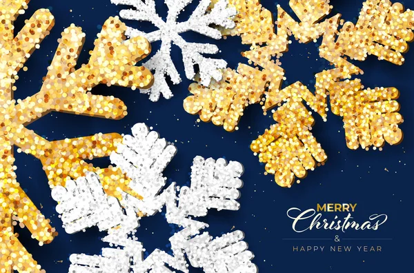 Buon Natale Cartellino Blu Con Astratto Lucido Oro Argento Fiocchi — Vettoriale Stock