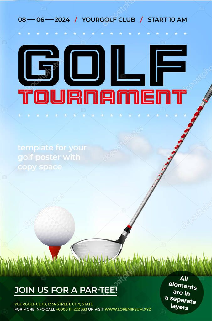 Golf tournament poster template with golf club, ball, grass, cloudy blue sky and copy space for your text - vector illustration