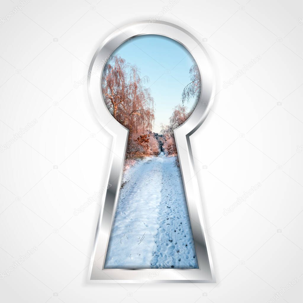 View of winter landscape with with snowy path, birches and blue sky in abstract silver keyhole