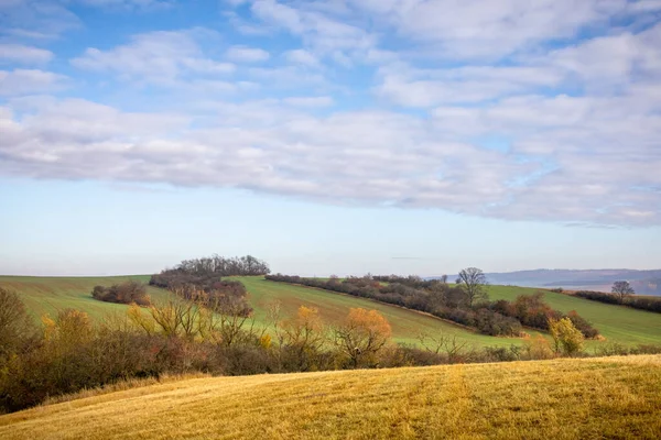 Красочный Осенний Пейзаж Полями Деревьями Голубым Небом Облаками Чехия Европа — стоковое фото