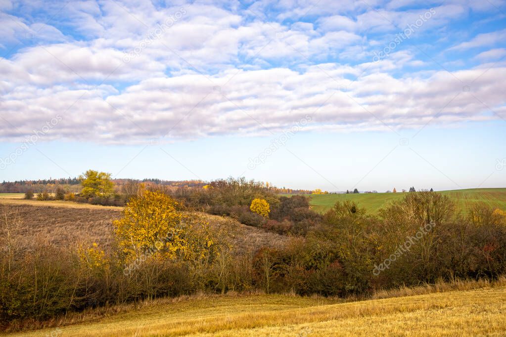 Landscape with field and autumn colored trees under blue sky with clouds - Czech Republic, Europe.