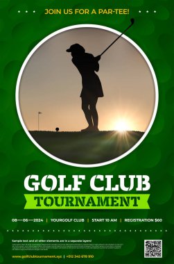 Golf turnuvası poster şablonu ve gün batımında top vuruşu