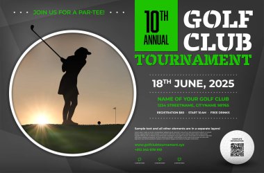 Golf turnuvası poster şablonu ve gün batımında beyzbol topu. Ayrı katmanlarda örnekleme metni. Vektör illüstrasyonu.