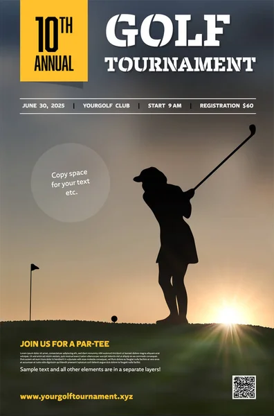 Golf Turnering Affisch Mall Med Spelare Slagboll Vid Solnedgången Provtext — Stock vektor