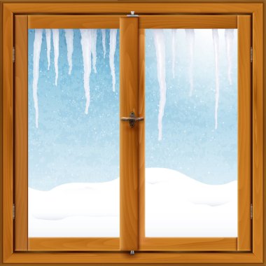 Buz sarkıtları ve karlı kış manzaralı ahşap bir pencere - vektör çizimi