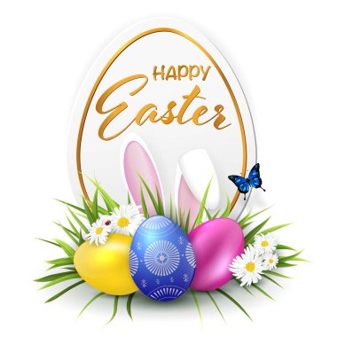 Paskalya yumurtaları, otlar, kelebekler, papatya çiçekleri ve tavşan kulakları olan paskalya arkaplanı. Fotokopi alanı olan paskalya tasarımı için şablon. Vektör illüstrasyonu.