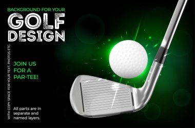 Golf turnuvası davetiyenizin şablonu: Parlak arka planda golf sopası ve top - vektör illüstrasyonu