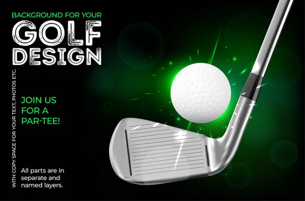 Golf turnuvası davetiyenizin şablonu: Parlak arka planda golf sopası ve top - vektör illüstrasyonu