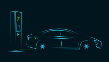 Neon darbelerinden oluşan şarj istasyonuna sahip elektrikli araba - vektör illüstrasyonu