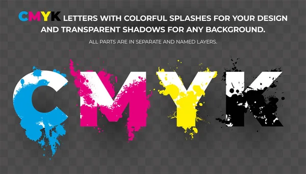 Letras Cmyk Con Salpicaduras Colores Para Diseño Concepto Impreso Ilustración — Vector de stock