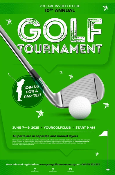 Golf Tournament Affisch Mall Med Boll Golfklubb Och Kopiera Utrymme — Stock vektor