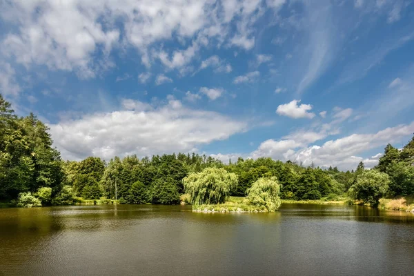 Beautiful Blue Sky White Clouds Pond Surrounded Forests Summer Landscape — Stock Photo, Image