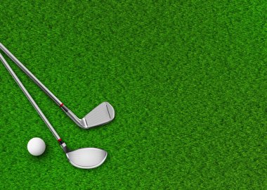 Golf background with metal clubs, ball, grass and copy space for your text - illustration