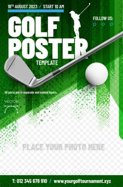 Golf poster template with club, ball and place for your photo - vector illustration