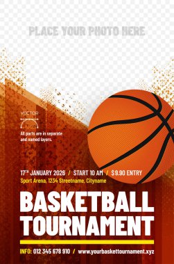 Basketball tournament poster template with ball and place for photo