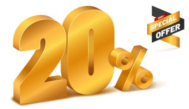 Golden three-dimensional 20 PERCENT sign and very special offer icon - vector illustration