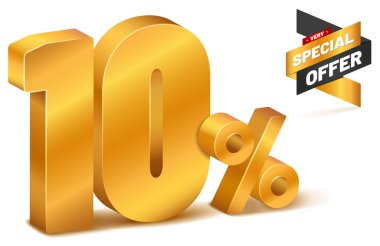 Golden three-dimensional 10 PERCENT sign and very special offer icon - vector illustration