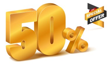 Golden three-dimensional 50 PERCENT sign and very special offer icon - vector illustration