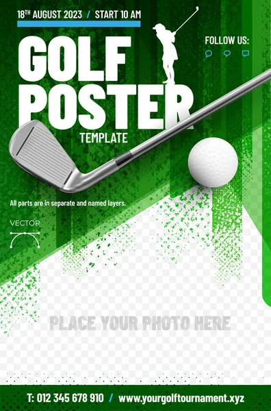 Golf Poster Template Club Ball Place Your Photo Vector Illustration — Stock vektor