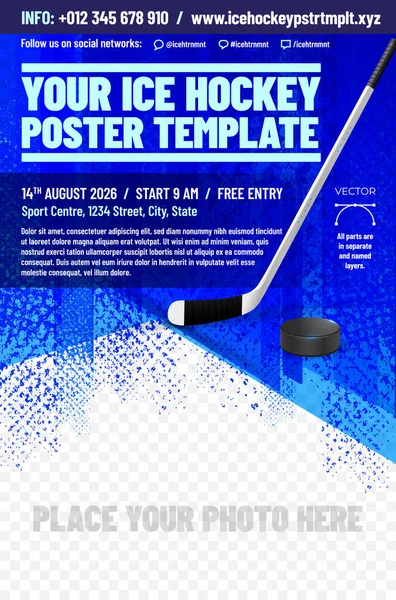 Ice Hockey Poster Template Stick Puck Place Your Photo Vector — Archivo Imágenes Vectoriales