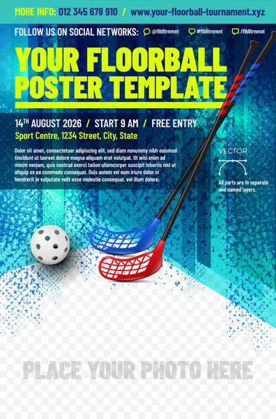 Floorball Poster Template Sticks Ball Place Your Photo Vector Illustration — Vettoriale Stock