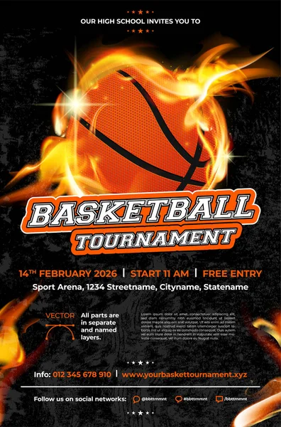 Basketball Tournament Poster Template Ball Fire Vector Illustration — ストックベクタ