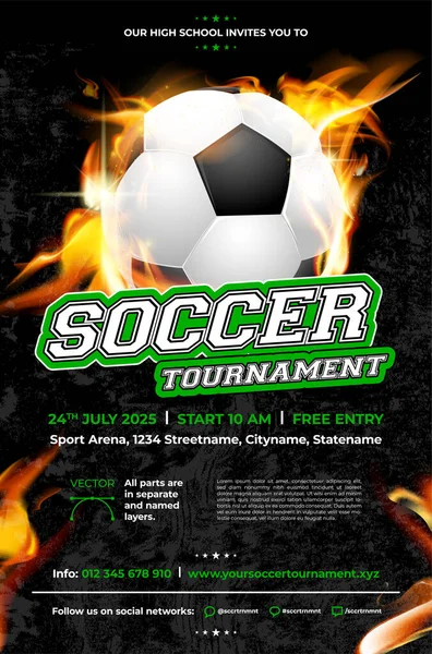 Soccer Tournament Poster Template Ball Fire Vector Illustration — Vettoriale Stock