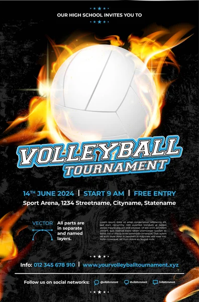 Volleyball Tournament Poster Template Ball Fire Vector Illustration — 스톡 벡터