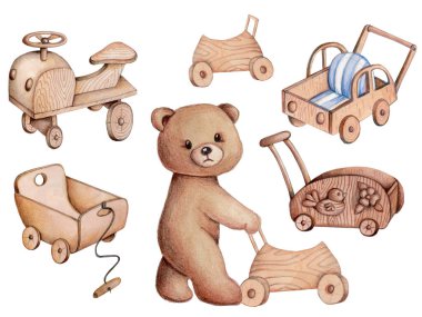 Tatlı çizgi film kahverengi oyuncak ayı. Beyaz arka planda izole edilmiş çocuklar için suluboya el çizimi.