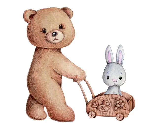 Roztomilý Kreslený Medvídek Hnědý Akvarel Ručně Kreslené Ilustrace Pro Děti — Stock fotografie