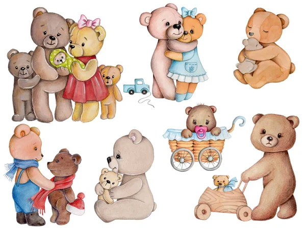 Aranyos Rajzfilm Barna Teddy Bears Babák Akvarell Kézzel Rajzolt Illusztráció — Stock Fotó
