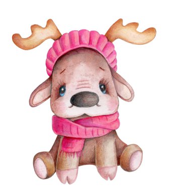 Kırmızı şapkalı ve atkılı şirin küçük kutup geyiği. Suluboya el çizimi, izole edilmiş. oyuncak hayvanlar.