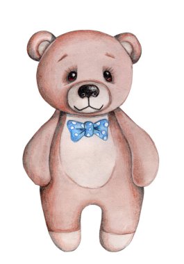 Tatlı çizgi film ayısı, oyuncak hayvan, çizgi film karakteri. Suluboya çizimi, izole edilmiş.