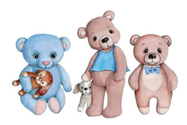Niedliche Cartoon Teddybären Spielzeugtiere Comicfiguren Aquarell Illustration Isoliert — Stockfoto