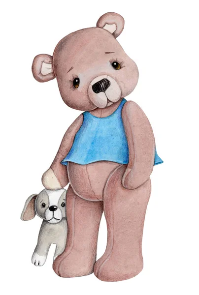 可爱的卡通玩具熊 玩具动物 卡通人物 水彩画 孤立的 — 图库照片