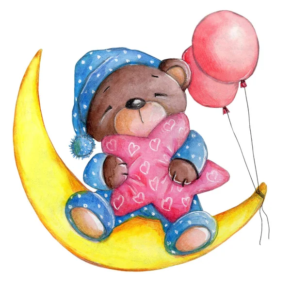 Cute Postać Akwarela Kreskówki Miś Księżycu Różową Poduszką — Zdjęcie stockowe