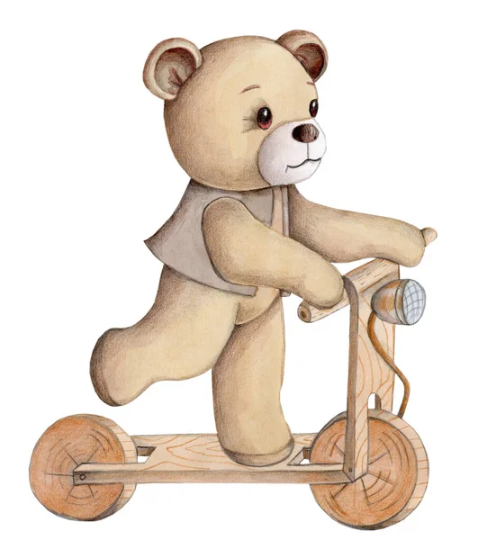 Cute Cartoon Teddy Bear Driving Scooter Hand Drawn Watercolor Illustration — Stock Photo, Image