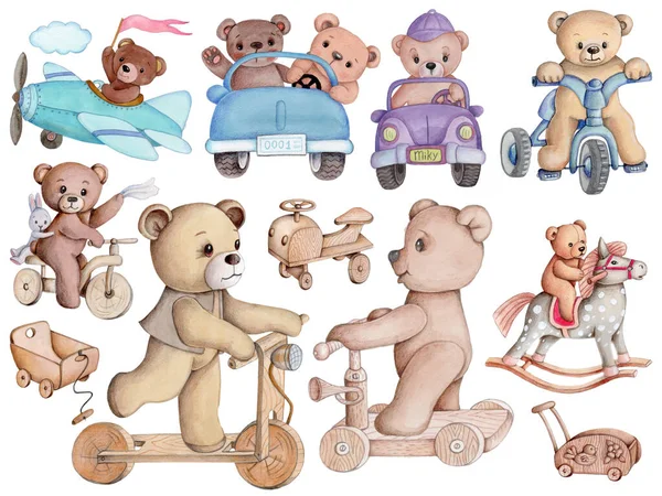 Leuke Cartoon Teddyberen Rijden Een Scooter Auto Handgetekende Aquarel Illustratie — Stockfoto