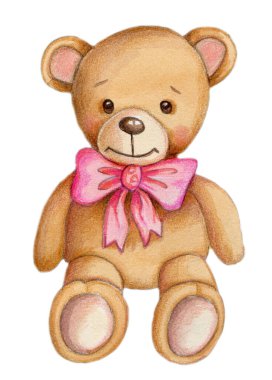 Şirin çizgi film ayısı oturuyor, pembe kurdeleli. Suluboya el çocuklar için izole edilmiş çizimler.