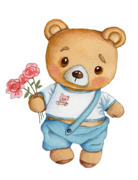 Cute Cartoon Teddy Bear Flowers Watercolor Hand Drawn Isolated Illustration — Stockfoto