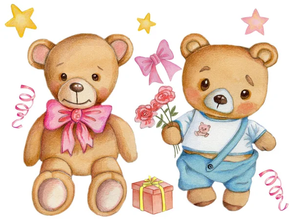 Cute Cartoon Teddy Bears Watercolor Hand Drawn Isolated Illustration Children — Stockfoto