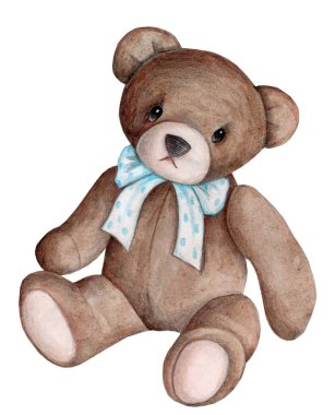 Tatlı oyuncak hayvanlar, oyuncak ayı, çocuklar için suluboya el resmi, beyaz arka planda izole edilmiş. Her tasarım için mükemmel, baskılar, kitap çizimleri, kartlar.